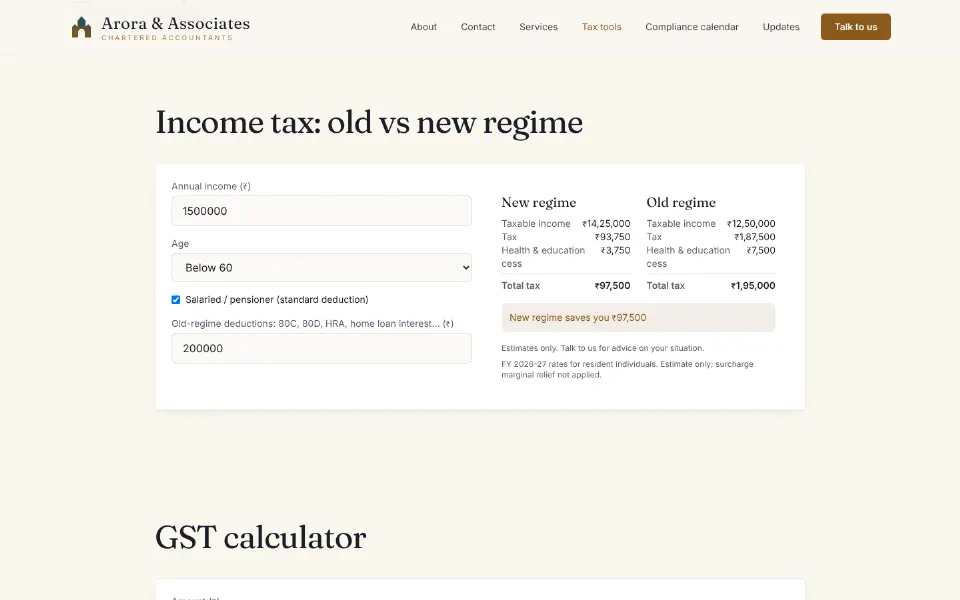 Income tax calculator comparing the old and new regimes