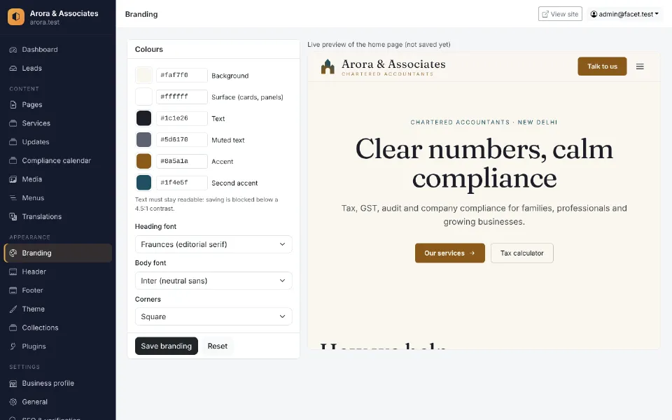 Facet admin: brand colours and fonts with a live preview
