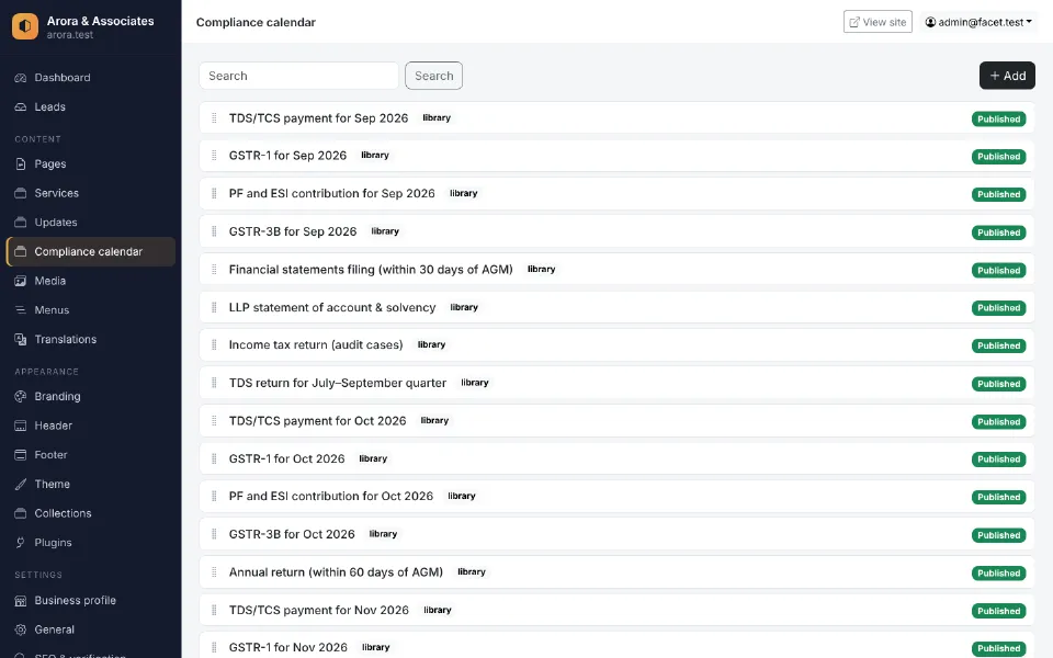 Facet admin: compliance calendar entries for a CA firm