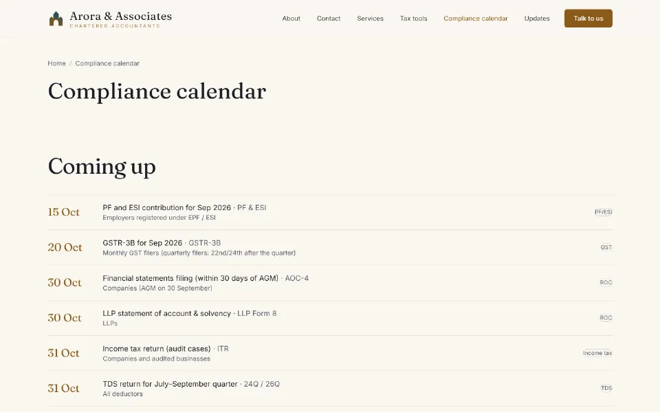 Compliance calendar showing upcoming GST, TDS and ROC dates